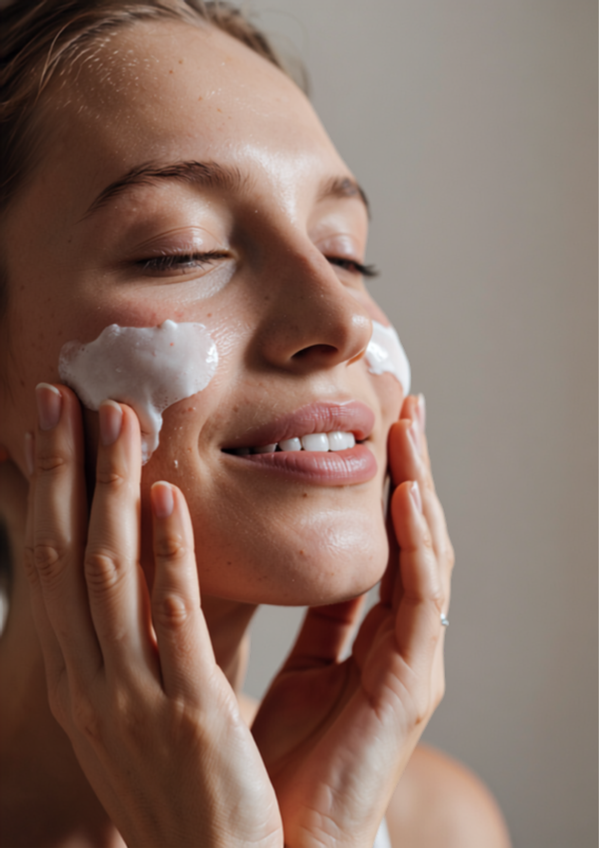 Woman washing her face with foaming cleanser